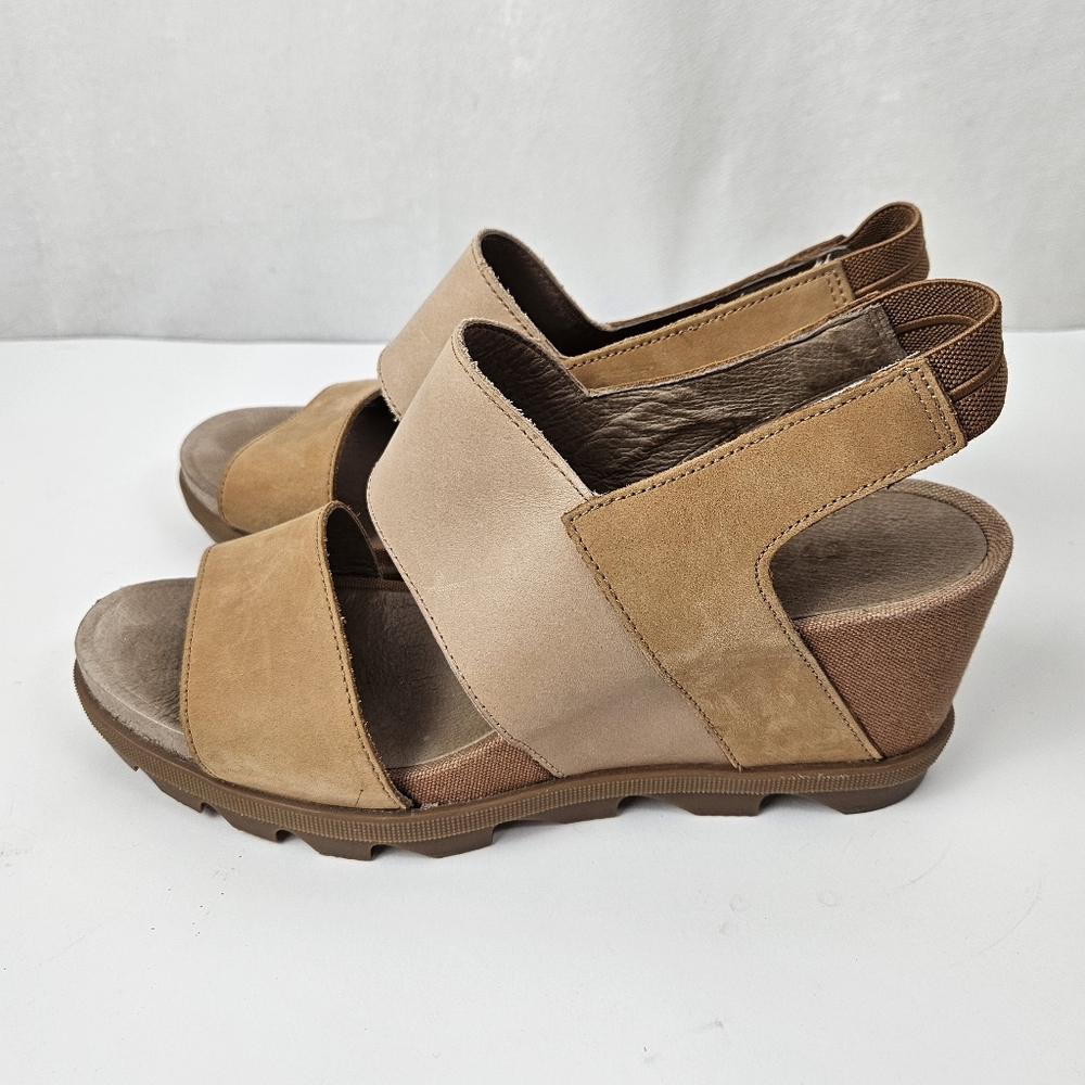 Sorel Beige and Tan Elastic Slingback Wedge Sandals